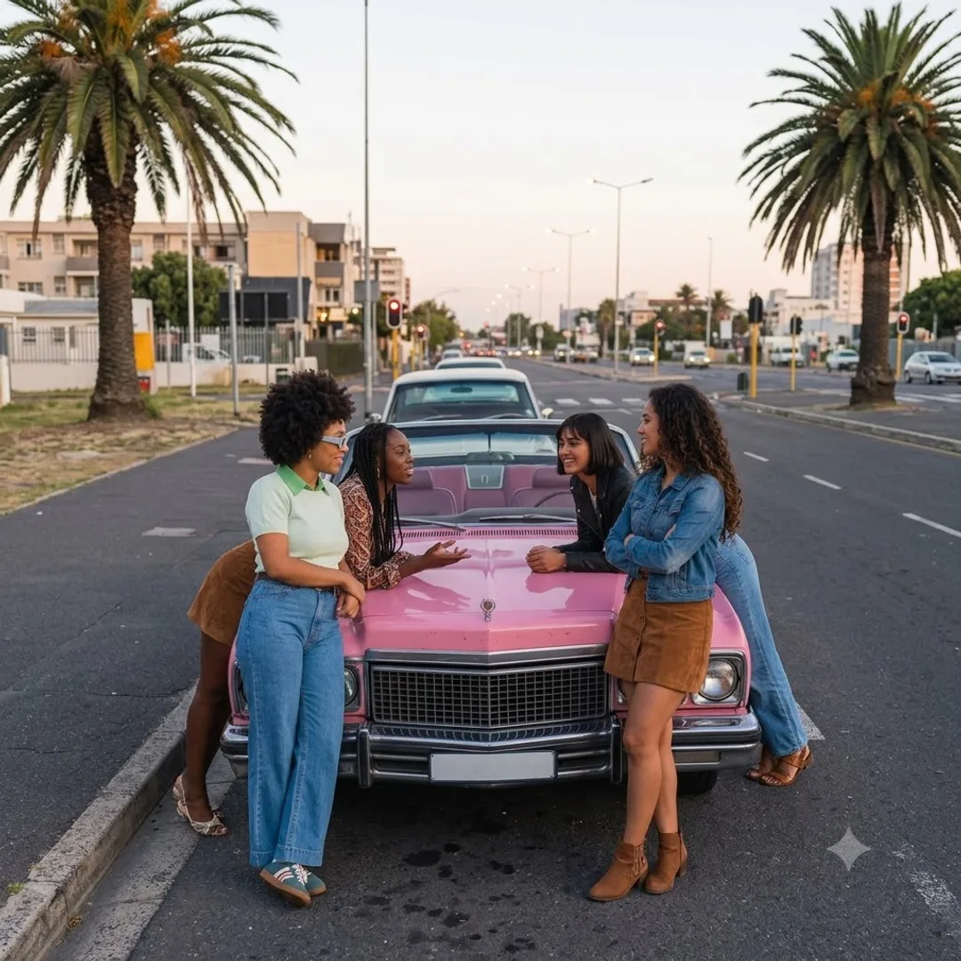 Friends hanging out around a pink convertible on a Cape Town street.